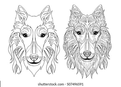 Ethnic decorative doodle dog. Coloring book page with collie dog face for adults. Vector illustration.