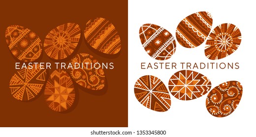 Huevo de Pascua decorativo étnico con adornos de líneas en tonos naranjas y marrones naturales. Huevos primaverales en estilo campesino folclórico para el diseño de superficie, tarjeta, invitación, web y proyectos de impresión. 