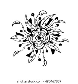 Ethnic decorative element with feathers. Islam, Arabic, Indian, ottoman motifs. Boho style. Mono color black line art