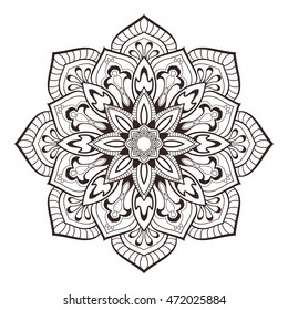 Ethnic decorative element hand drawn vector mandala black and white, for coloring page. Orienta motifs.