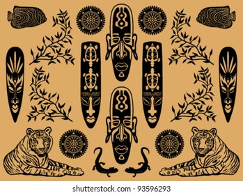 ethnic decorative elements, masks, tiger and salamander on a beige background