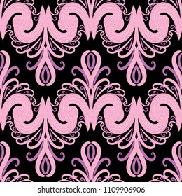 Ethnic decorative floral vector seamless pattern background. Elegance beautiful pink damask flowers. Modern ornamental striped texture. Patterned vintage design for wallpapers, fabric, textile, prints