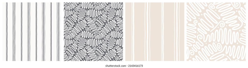 Ethnic decorative lace with waves and swirls coordinated with vertical stripes seamless pattern set. Neutral earth colors boho vector design shown in different scale variations.