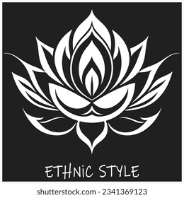 Ethnic decorative lotus flower pattern, black white template, tattoo, logo, stencil on a black isolated background. National symbol of India.