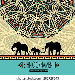 Ethnic decorative ornament with a family of elephants. Abstract geometric ethnic pattern. Geometric ethnic round ornament. Illustration for greeting cards, invitations, and other printing projects.