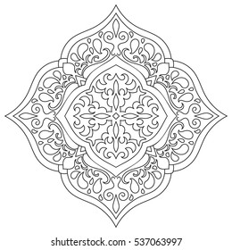 Ethnic decorative pattern for coloring book are drawn with thin lines on white background. Floral mandala