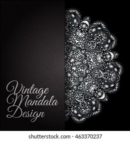 Ethnic decorative round silver textured mandala. Glitter hand drawn lace pattern. Elegant floral motif for save the date card, greeting card, wedding invitation. Vector illustration.