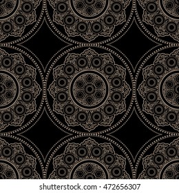 Ethnic delicate seamless pattern with Mandala on black - Round Ornament. Vector background. Oriental wallpaper