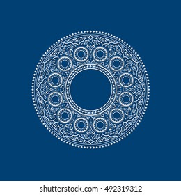 Ethnic Delicate White round Mandala on blue. Vector illustration for greeting card, postcard, invitation, poster, banner etc. Oriental decorative element