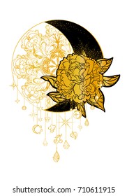 Ethnic design, boho chic, tribal symbol, dreamcatcher. Moon with peony on a background of a stylized sun with pendants. A sign of unity, integrity,energy of life. Tattoo. Print. Poster. Decoration.