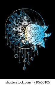 Ethnic design, boho chic, tribal symbol, dreamcatcher. Moon with peony on a background of a stylized sun with pendants. A sign of unity, integrity,energy of life. Tattoo. Print. Poster. Decoration.