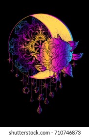 Ethnic design, boho chic, tribal symbol, dreamcatcher. Moon with peony on a background of a stylized sun with pendants. A sign of unity, integrity,energy of life. Tattoo. Print. Poster. Decoration.