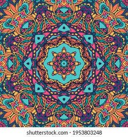 Ethnic design with colorful ornament. Geometric medallion psychedelic boho style print.