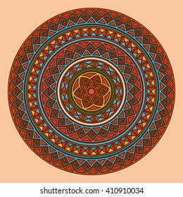 Ethnic design element. Card design template. Can be used for invitation, plate, disk, ottoman, card design, for pillow design, banners, signs and others. Isolated on beige. Vector illustration.