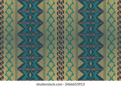 ethnic design, fabric pattern, tribal pattern, geometric pattern, square, three squares in a row Blue, yellow, orange background designed for fabric patterns, carpets pants pillows wallpaper curtains.