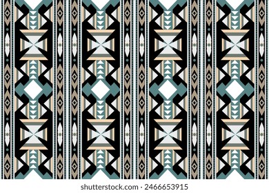ethnic design, fabric pattern, tribal pattern, geometric pattern, square, three squares in a row black blue cream background Designed for fabric patterns, carpets, pants, pillows, wallpaper, curtains.