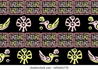 Ethnic Design. Ikat Seamless Pattern. Chevron Brush Texture. Boho Print. Geometric Hand Drawn Textile Ornate. Abstract Native Tie Dye Background.
