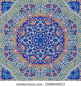 Medaillon für ethnisches Design. Mandala Kuppel Dekorationen mit Stern ethnischen nahtlosen Muster. Farbige, sich wiederholende, kaleidoskopische Hintergrundarabesken.