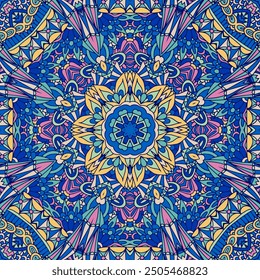 Medaillon für ethnisches Design. Mandala Blume ethnisch nahtlose Muster. Vektor aufwändige Blumenmuster indischen Stil. Farbige, sich wiederholende, kaleidoskopische Hintergrundarabesken.