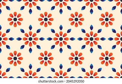 Ethnic design orange blue floral pattern. chevron art design, folk embroidery. Aztec geometric art ornament print. Design for carpet, wallpaper, clothing, wrapping, fabric, cover. Beige background