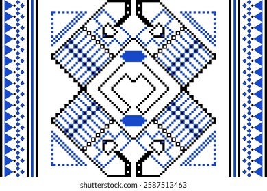 Ethnic design pattern of geometric black-blue. Ethnic pattern of pixel art on white. Motifs, boho carpet, heart shape, tradition, classic, native concept for embroidery, textile, cloth texture, decor.