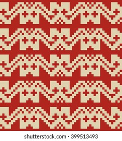 Ethnic design pattern. Russian traditional motive. Seamless geometric background. Colorful vector Illustration.Red and white colors. Pixel art.