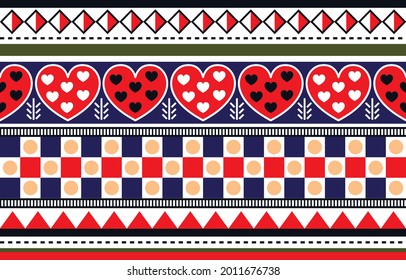 Ethnic design red heart blue square pattern. chevron art design, folk embroidery. Aztec geometric art ornament print. Design for carpet, wallpaper, clothing, wrapping, fabric, cover.