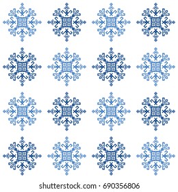 Ethnic design seamless pattern with traditional tribal motifs, crooked lines, triangles, squares, circles. Mayan fabric geometric decorative print, ethnic motifs in blue and white winter colors.