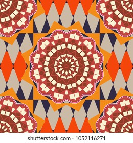Ethnic design. Striped pattern with ethnic tribal motifs, zigzag lines, Mandalas, brushstrokes paint in beige, yellow and brown colors. Tribal seamless pattern. Vector repeating geometric mesh tiles.
