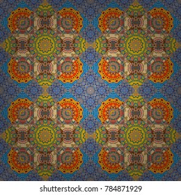 Ethnic design. Striped pattern with ethnic tribal motifs, zigzag lines, Mandalas, brushstrokes paint in blue, yellow and orange colors. Tribal seamless pattern. Vector repeating geometric mesh tiles.