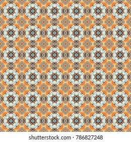 Ethnic design. Striped pattern with ethnic tribal motifs, zigzag lines, Mandalas, brushstrokes paint in orange, brown and blue colors. Tribal seamless pattern. Vector repeating geometric mesh tiles.