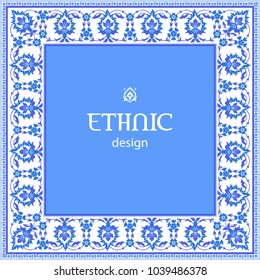 Ethnic design. Traditional Arabic Ottoman Iznik motif. Vintage vector background in blue and white