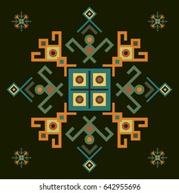 Ethnic design with traditional tribal motifs of crooked lines, triangles, squares, circles in green, yellow, brown colors. Scrapbook swatch element, mayan symbol, navajo blanket geometric pattern.