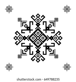 Ethnic design with traditional tribal motifs of crooked lines, triangles, squares, circles. Mayan symbol, geometric pattern decoration. Embroidery style clothes ornament.