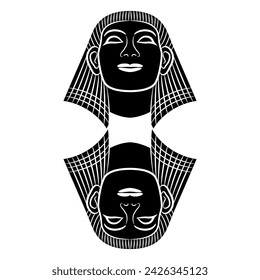 Ethnic design with two heads of ancient Egyptian man or pharaoh wearing nemes hat. Black and white silhouette.