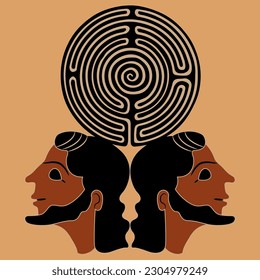 Ethnic design with two heads of bearded ancient Greek men holding a round spiral maze or labyrinth symbol. 