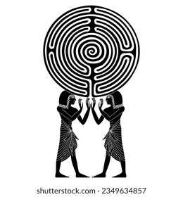 Ethnic design with two standing ancient Egyptian men holding a round spiral maze or labyrinth symbol. Enigma of antique culture. Black and white silhouette.