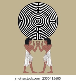 Ethnic design with two standing ancient Egyptian men holding a round spiral maze or labyrinth symbol. Enigma of antique culture. 