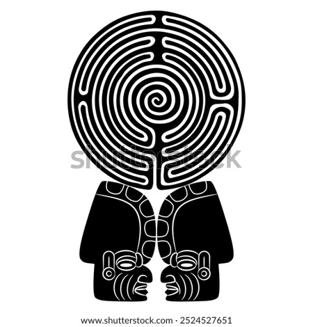 Ethnic design with two Totonac human heads holding a round spiral maze or labyrinth symbol. Native American symbol. Black and white silhouette.