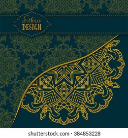 Ethnic design. Vector background. Vintage Round Ornament Pattern. The Greeting Card or Invitation. Beautiful deep green color background and golden ornament. Boho Style.