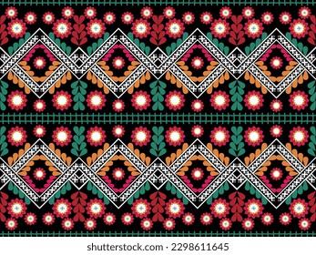 Diseño étnico geometría abstracta flor fondo negro hoja patrón tribal anidado verde para almohadón de alfombra de impresión textil 