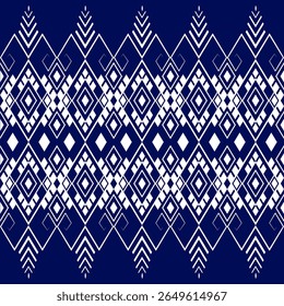 Ethnic diamond textile pattern in navy and white tones. Ideal for digital fashion design, seamless fabric print, and cultural design projects.