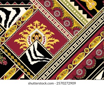 Ethnic digital compositions featuring jacquard-style floral motifs and Mughal borders for textiles, wallpapers, and gift wraps.