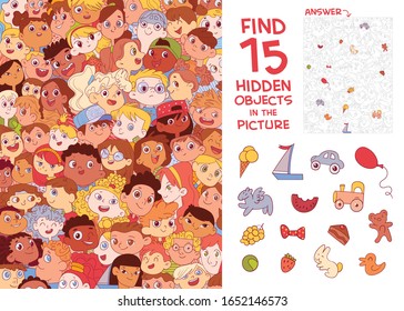 Diversidad étnica de los rostros de los niños. Día Internacional del Niño. Busque 15 objetos ocultos en la imagen. Desconcertar elementos ocultos. Gracioso personaje de caricatura. Ilustración del vector