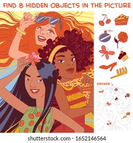 Ethnic diversity group of women. International Women's Day. Find 8 hidden objects in the picture. Puzzle Hidden Items. Funny cartoon character. Vector illustration