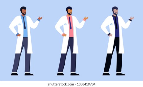 Ethnic doctor set. Healthcare services, Ask a doctor. Therapists in uniform. Pharmacy. Cardiologist or urologist, medical team concept. Medical clinic staff. Medicine employee