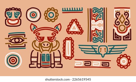 Conjunto de objetos de doodle étnicos, elementos africanos tradicionales de boho. Ilustración vectorial para su proyecto gráfico e impresión.