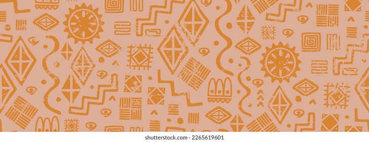 Ethnic doodle seamless pattern, hand drawn elements symbol, ethnic aztec geometric design. Maya border handycraft with colorful decoration. Vector illustration for ancient print and textile.