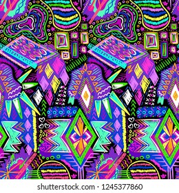 Ethnic doodles pattern. Tribal print. Simple sketch background. Aztec. Abstract geometric fabric. Cloth design. Embroidery. Fashion. Hippie. Textile ornament. Navajo. Hand drawn seamless vector.