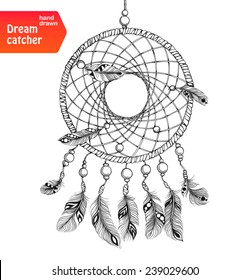 Ethnic dream catcher with feathers. American Indian style. Isolated on white background. Vector illustration.